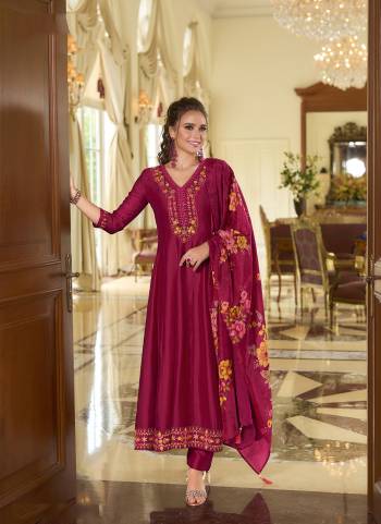 Garb These Beautiful Looking Readymade Suits.These Top Are Vichitra Silk And Bottom Are Vichitra Silk And Dupatta Are Russion Silk Fabricated.Its Beautified With Designer  Embroidery,Hand Work With Digital Printed Dupatta.