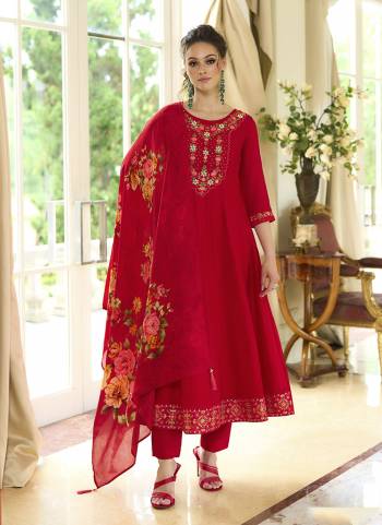 Garb These Beautiful Looking Readymade Suits.These Top Are Vichitra Silk And Bottom Are Vichitra Silk And Dupatta Are Russion Silk Fabricated.Its Beautified With Designer  Embroidery,Hand Work With Digital Printed Dupatta.