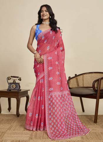 Looking This Party Wear  Saree Paired With Blouse.This Saree And Blouse Are Linen Fabricated With Wevon Jari Border With Designer Digital Printed. Buy This Pretty Saree Now.