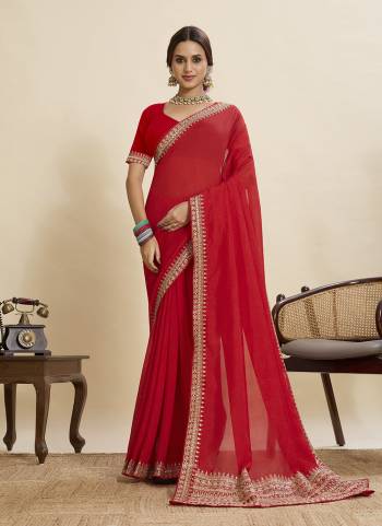 Garb This Party Wear  Saree Paired With Blouse.This Saree Are Vichitra Silk And Blouse Are Art Silk Fabricated With Designer Embroidery Work Lace Border. Buy This Pretty Saree Now.