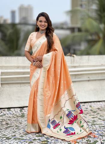 Attractive These Party Wear Saree in Fine Colored.These Saree And Blouse is Fabricated On Paithani Silk.Its Beautified With Weaving Silver Jari, Meenakari Peacock Designer.