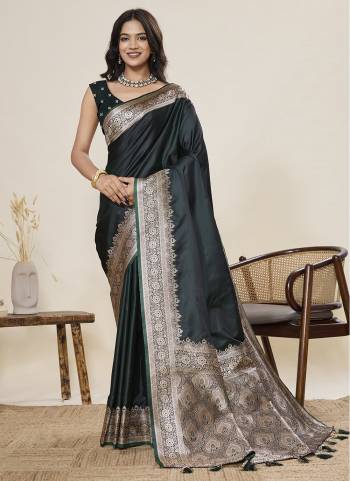 Looking This Party Wear Saree Paired With Blouse.This Saree And Blouse Are Satin Silk Fabric With Woven Jari Border Galla Designer. Buy This Pretty Saree Now.