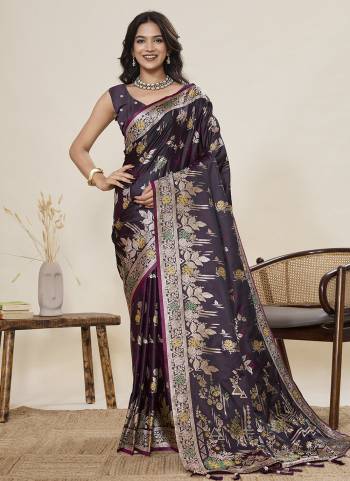 Looking This Party Wear Saree Paired With Blouse.This Saree And Blouse Are Two Tone Satin Silk Fabric With Woven Jari With Meenakari Designer. Buy This Pretty Saree Now.