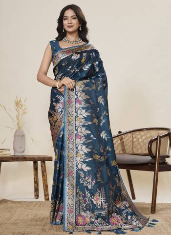 Looking This Party Wear Saree Paired With Blouse.This Saree And Blouse Are Two Tone Satin Silk Fabric With Woven Jari With Meenakari Designer. Buy This Pretty Saree Now.