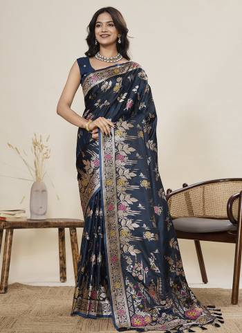 Looking This Party Wear Saree Paired With Blouse.This Saree And Blouse Are Two Tone Satin Silk Fabric With Woven Jari With Meenakari Designer. Buy This Pretty Saree Now.