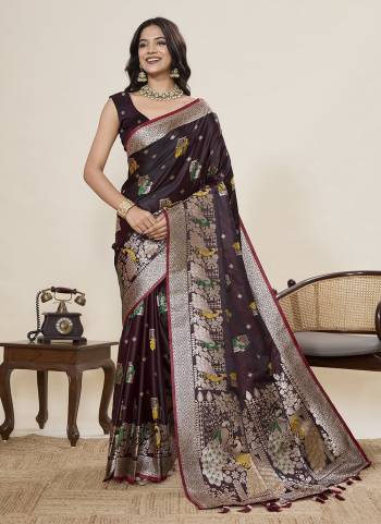 Attractive This Party Wear Saree Paired With Blouse.This Saree And Blouse Are Two Tone Satin Silk Fabric With Woven Jari With Meenakari Paithani Designer. Buy This Pretty Saree Now.