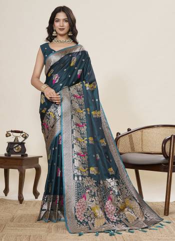 Attractive This Party Wear Saree Paired With Blouse.This Saree And Blouse Are Two Tone Satin Silk Fabric With Woven Jari With Meenakari Paithani Designer. Buy This Pretty Saree Now.