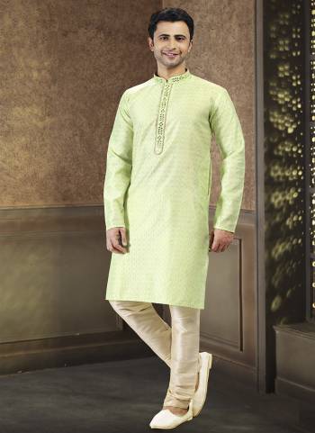 Looking These Party Wear Mans Wear Kutra Payjama wearing this fashionable. These Kurta Are Jacquard Silk And Payjama Art Silk finest Fabriced With Woven Designer With Mirror,Thread Embroidery Work.