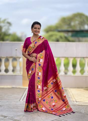 Attractive These Party Wear Saree in Fine Colored.These Saree Are Paithani Silk And Blouse is Fabricated On Paithani Silk.Its Beautified With Weaving Jacquard Meenakari Designer.