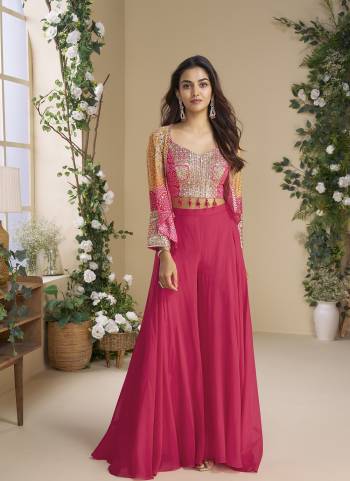 Attractive These Party Wear Free Size Stitched Top With Plazzo With Jacket in Fine Colored.These Top And Jacket Are Chinon And Bottom Are Georgette Fabriced.Its Beautified With Printed Designer With Embroidery Work.