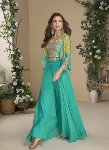 Attractive These Party Wear Free Size Stitched Top With Plazzo With Jacket in Fine Colored.These Top And Jacket Are Chinon And Bottom Are Georgette Fabriced.Its Beautified With Printed Designer With Embroidery Work.