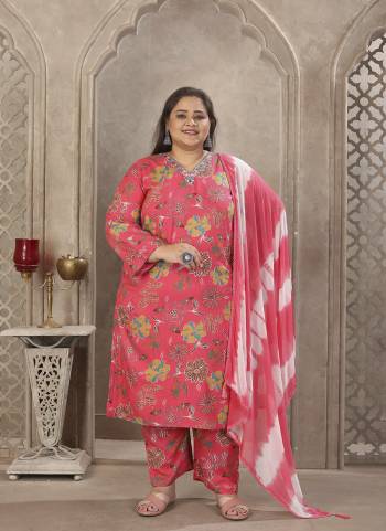 Attrective These Beautiful Looking Readymade Big Size Suits.These Top And Bottom Are Rayon And Dupatta Fabricated On Nazmeen.Its Beautified With Designer Printed With Hand Work.