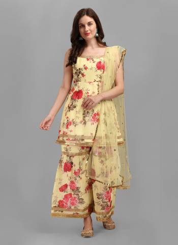 Looking These Beautiful Party Wear Readymade Sharara Suits With Dupatta.These Suit is Fabricated On Top And Bottom Are Georgette And Net Dupatta .Its Beautified With Designer Printed, Lace Work.