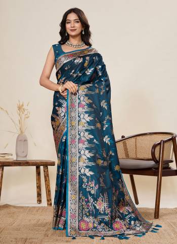 Looking This Party Wear Saree Paired With Blouse.This Saree And Blouse Are Two Tone Satin Silk Fabric With Woven Jari With Meenakari Designer. Buy This Pretty Saree Now.