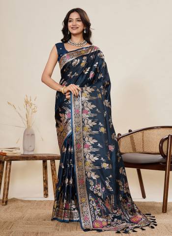 Looking This Party Wear Saree Paired With Blouse.This Saree And Blouse Are Two Tone Satin Silk Fabric With Woven Jari With Meenakari Designer. Buy This Pretty Saree Now.