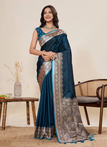 Looking This Party Wear Saree Paired With Blouse.This Saree And Blouse Are Satin Silk Fabric With Woven Jari Border Galla Designer. Buy This Pretty Saree Now.