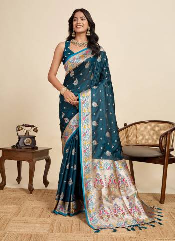 Looking This Party Wear Two Tone Saree Paired With Blouse.This Saree And Blouse Are Two Tone Satin Silk Fabric With Wevon Meenakari Designer. Buy This Pretty Saree Now.