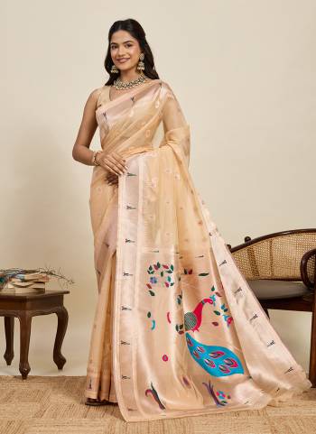 Garb This Party Wear Saree Paired With Blouse.This Saree And Blouse Are Cotton Silk Fabric With Woven Paithani Meenakari Designer. Buy This Pretty Saree Now.