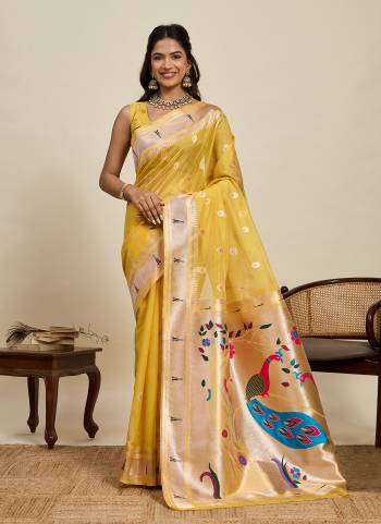 Garb This Party Wear Saree Paired With Blouse.This Saree And Blouse Are Cotton Silk Fabric With Woven Paithani Meenakari Designer. Buy This Pretty Saree Now.