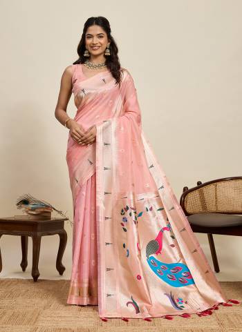 Garb This Party Wear Saree Paired With Blouse.This Saree And Blouse Are Cotton Silk Fabric With Woven Paithani Meenakari Designer. Buy This Pretty Saree Now.