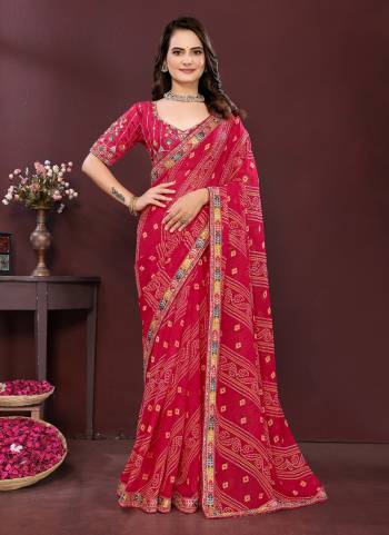 Garb These Party Wear Saree in Fine Colored.These Saree Are Georgette Are Georgette And Blouse is Art Silk Fabricated.Its Beautified With Designer Bandhani Printed With Embroidery Work Lace Border And Blouse.