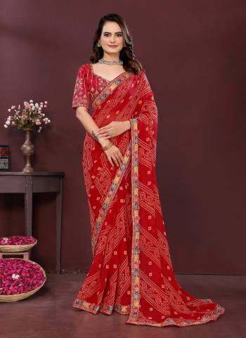 Garb These Party Wear Saree in Fine Colored.These Saree Are Georgette Are Georgette And Blouse is Art Silk Fabricated.Its Beautified With Designer Bandhani Printed With Embroidery Work Lace Border And Blouse.