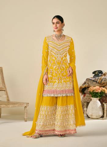 Attrective Looking These Plazzo Suit in Fine Colored Pair With Bottom And Dupatta.These Top And Dupatta Are Fabricated On Chinon Pair With Chinon Bottom.Its Beautified With Designer Multy Thread,Jari Embroidery Work.