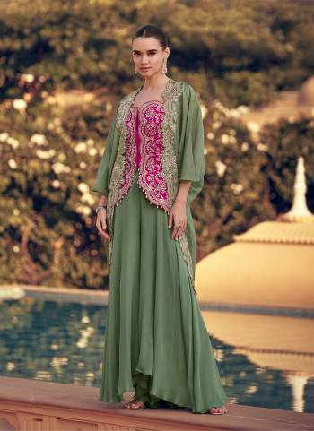 Looking These Party Wear Free Size Stitched Plazzo Suit With Shrug in Fine Colored Pair.These Top And Bottom Are Chinon And Pair With Chinon Shrug Fabric.Its Beautified With Heavy Designer Embroidery Work.