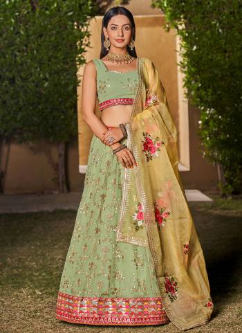 For A Designer Look,Grab These Party Wear Lehenga Choli in Fine Colored.These Lehenga Are Geoegette And Blouse Are Fabricated On Georgette Pair With Dupatta Are Organza.Its Beautified With Designer Thread,Sequance Embroidery Work.