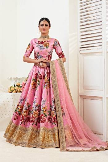 Heavy Designer Lehenga Choli In Banglori Satin Fabricated On Floral Print With Dori,Jari & Sequance Work With Net Beautified With Heavy Attractive Embroidery. 