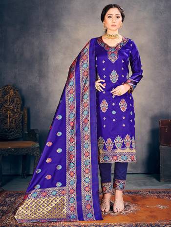 Blue Color Banarasi Art Silk Top With Blue Color Banarasi Art Silk  And Blue Color Dupatta.  Woven Design Unstitched  Salwar Suit 