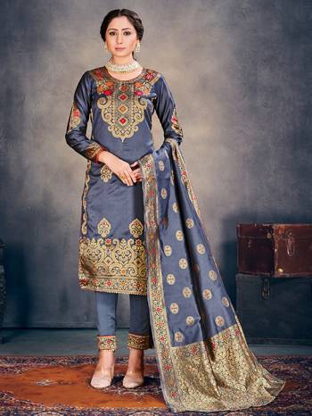 Gray Color Banarasi Art Silk Top With Gray Color Banarasi Art Silk  And Gray Color Dupatta.  Woven Design Unstitched  Salwar Suit 