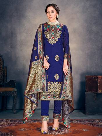 Navy Blue Color Banarasi Art Silk Top With Navy Blue Color Banarasi Art Silk  And Navy Blue Color Dupatta.  Woven Design Unstitched  Salwar Suit 