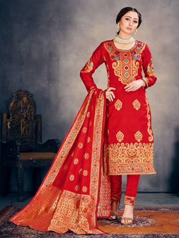 Red Color Banarasi Art Silk Top With Red Color Banarasi Art Silk  And Red Color Dupatta.  Woven Design Unstitched  Salwar Suit 