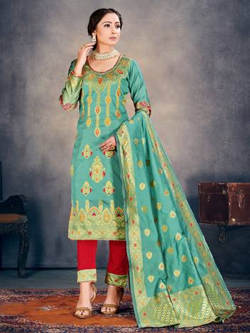 Teal Color Banarasi Art Silk Top With Red Color Banarasi Art Silk  And Teal Color Dupatta.  Woven Design Unstitched  Salwar Suit 