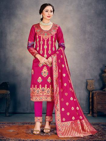 Pink Color Banarasi Art Silk Top With Pink Color Banarasi Art Silk  And Pink Color Dupatta.  Woven Design Unstitched  Salwar Suit 