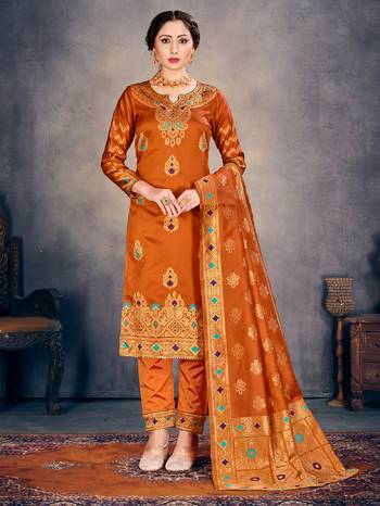 Orange Color Banarasi Art Silk Top With Orange Color Banarasi Art Silk  And Orange Color Dupatta.  Woven Design Unstitched  Salwar Suit Top Banarsi Jackard With Bandani Print With Gotta Work & Dupata nasnin Bandani Print With Border Style & Bottom