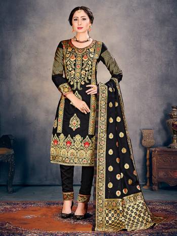 Black Color Banarasi Art Silk Top With Black Color Banarasi Art Silk  And Black Color Dupatta.  Woven Design Unstitched  Salwar Suit 