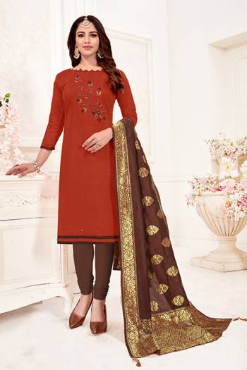 Simple And Elegant Suit Is Here For Your Casual Or Semi-Casual Wear. This Pretty Dress Materal Is In Crimson Cotton Flex Slub. Its Cotton Paired Top & Bottom And Banarsi Jacquard Dupatta. 