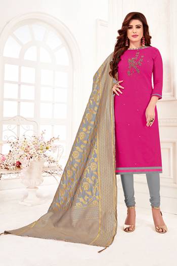 Simple And Elegant Suit Is Here For Your Casual Or Semi-Casual Wear. This Pretty Dress Materal Is In Crimson Cotton Flex Slub. Its Cotton Paired Top & Bottom And Banarsi Jacquard Dupatta. 