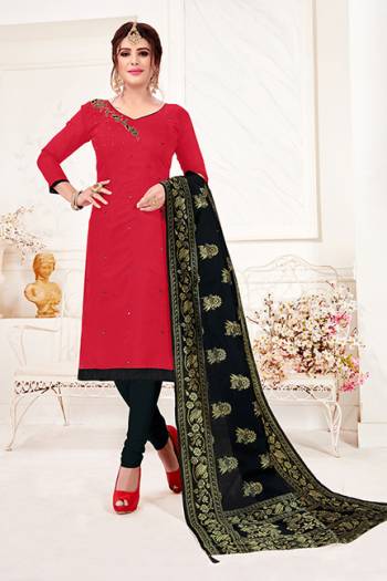 Simple And Elegant Suit Is Here For Your Casual Or Semi-Casual Wear. This Pretty Dress Materal Is In Crimson Cotton Flex Slub. Its Cotton Paired Top & Bottom And Banarsi Jacquard Dupatta. 