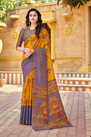 Adorn The Pretty Angelic Look Wearing This Heavy Brasso Designer Saree With Contrasting Blouse. This Saree Is Fabricated On N*P Brasso Paired With Art Silk Fabricated Blouse. Its Pretty Color Pallete Will Give An Attractive Look To Your Personality. 