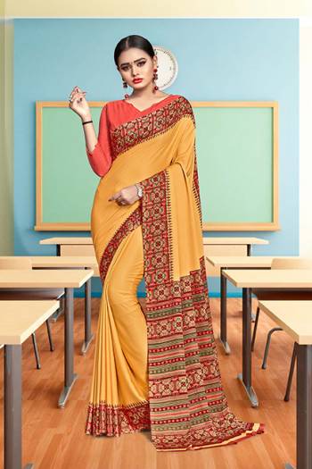 Grab This Pretty Elegant Looking Designer Saree In Fancy Colours Paired With Contrasting Colored Blouse. This Saree And Blouse Are Crepe Silk Based Beautified With Gala Print. Buy Now.