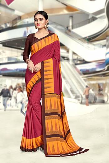 Grab This Pretty Elegant Looking Designer Saree In Fancy Colours Paired With Contrasting Colored Blouse. This Saree And Blouse Are Crepe Silk Based Beautified With Gala Print. Buy Now.