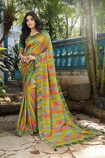 Look Attractive Wearing This Multi Fancy Colored Saree Paired With Family Colored Blouse.  This Heavy Designer Saree Is Fancy Tuli Silk Based And Embroidery Work With Diamond Border Which Gives A Rich Look To Your Personality. Buy This Pretty Saree Now.