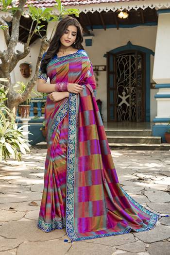 Look Attractive Wearing This Multi Fancy Colored Saree Paired With Family Colored Blouse.  This Heavy Designer Saree Is Fancy Tuli Silk Based And Embroidery Work With Diamond Border Which Gives A Rich Look To Your Personality. Buy This Pretty Saree Now.