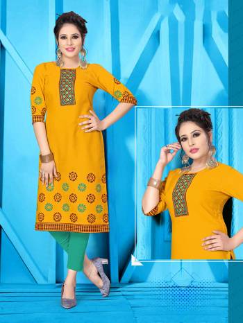 Grab This Readymade Long Kurti In Fine Color Fabricated On Pure Ruby Slub Cotton Beautified With Prints & Neck Embroidery Work. It Is Light In Weight And Easy To Carry All Day Long. 