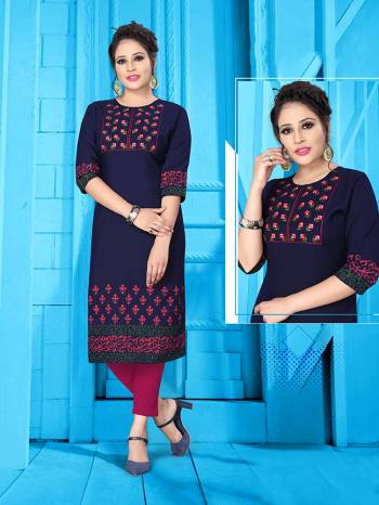 Grab This Readymade Long Kurti In Fine Color Fabricated On Pure Ruby Slub Cotton Beautified With Prints & Neck Embroidery Work. It Is Light In Weight And Easy To Carry All Day Long. 