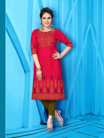 Grab This Readymade Long Kurti In Fine Color Fabricated On Pure Ruby Slub Cotton Beautified With Prints & Neck Embroidery Work. It Is Light In Weight And Easy To Carry All Day Long. 