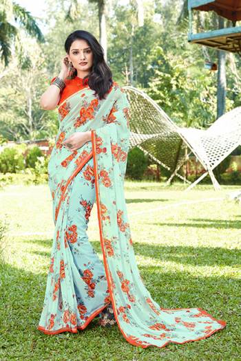 Grab This Pretty Elegant Looking Designer Saree In Chiffon Print With Contrasting With Blouse & Lace Border. This Saree And Blouse Are Chiffon Based Beautified With Stylelist Print. Buy Now. 